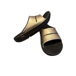 OOFOS OOAHH Luxe Slides Metallic Latte Slip On Comfort Recovery Women 9 Men 7